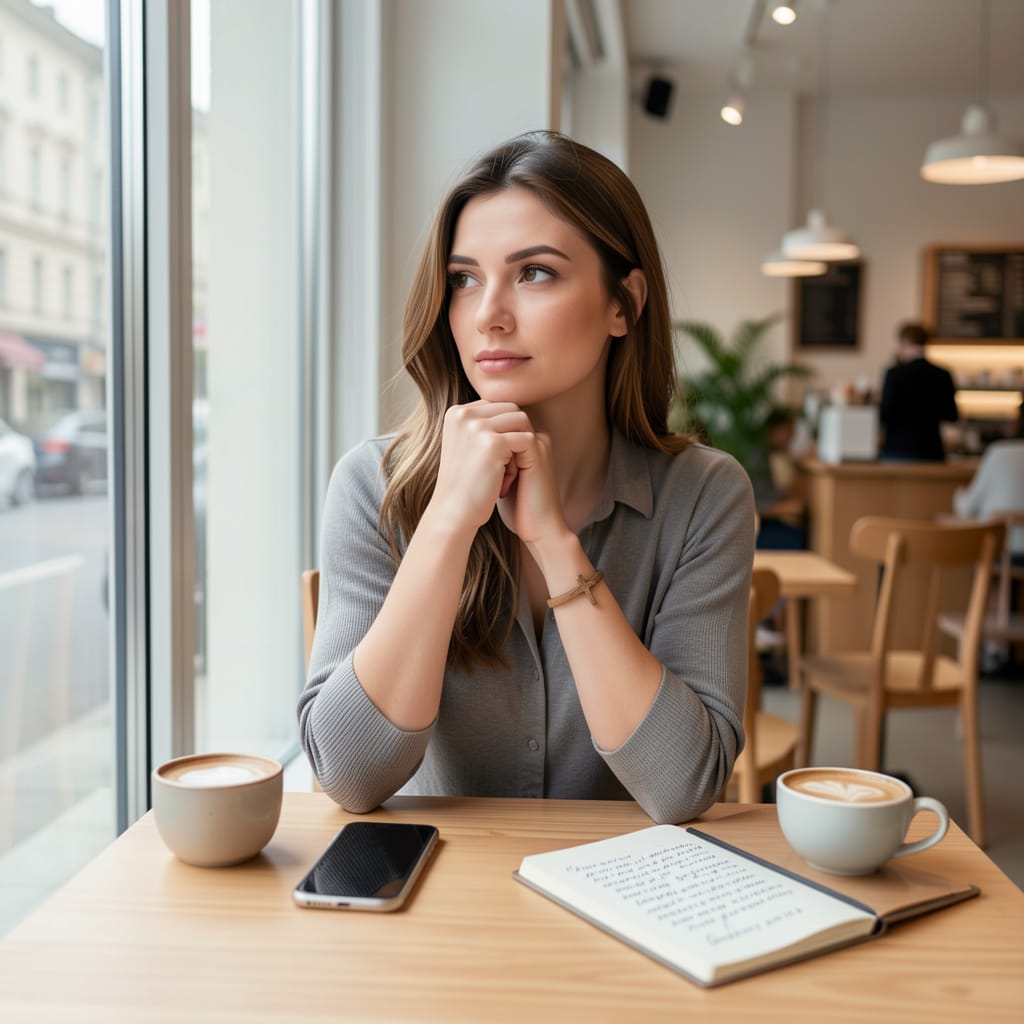 Духовний баланс у сучасному світі: жінка в кафе роздумує про вічне