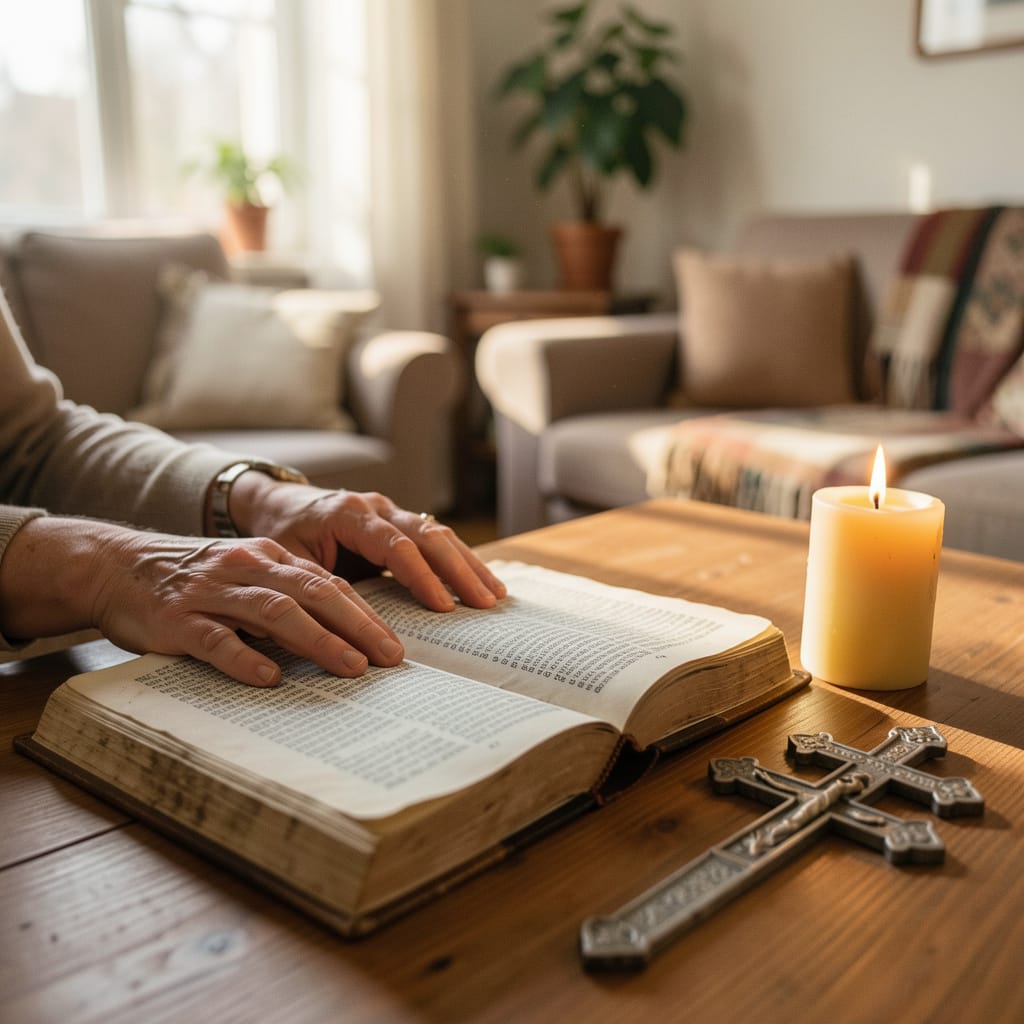 Підготовка до сповіді вдома: молитовник та свічка на дерев'яному столі
