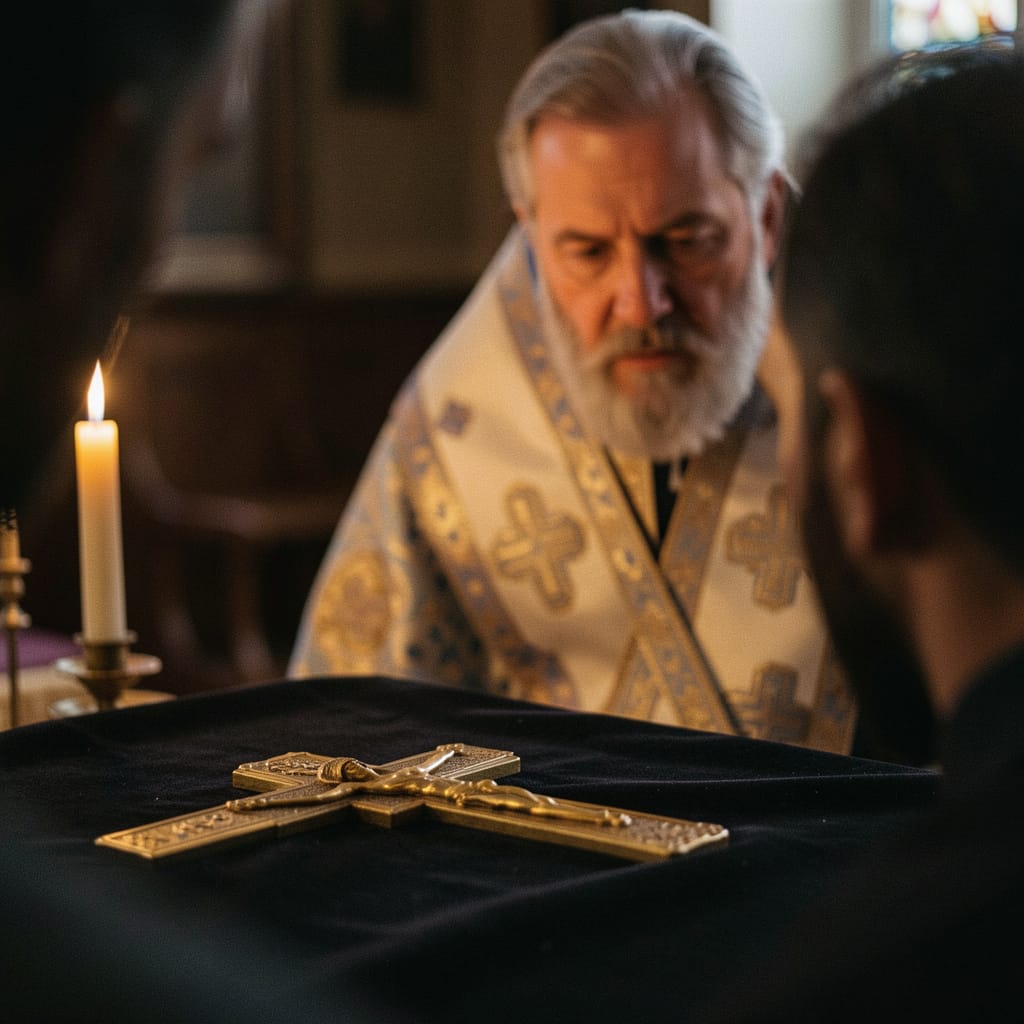 Що говорити на сповіді приклад: священик слухає каяття біля аналоя з хрестом
